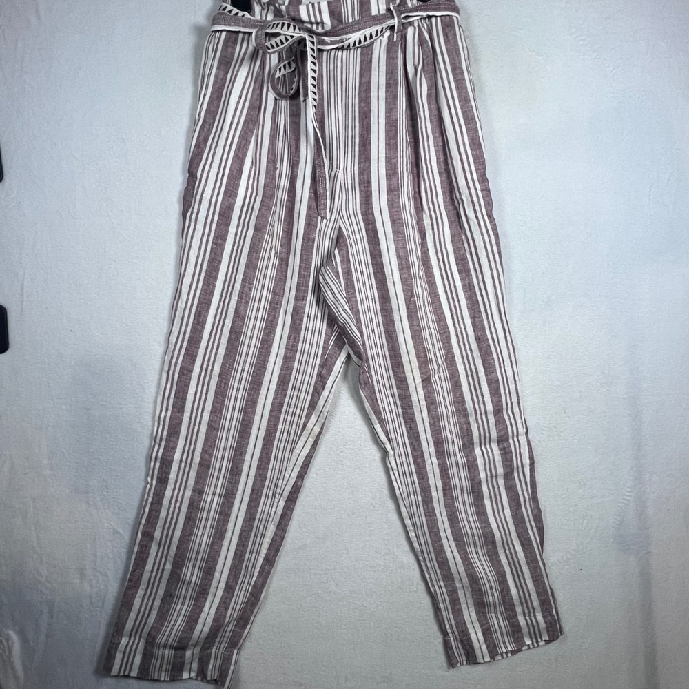 Brown White Striped 100% Linen Paperbag Waist Pants Womens Small Boho